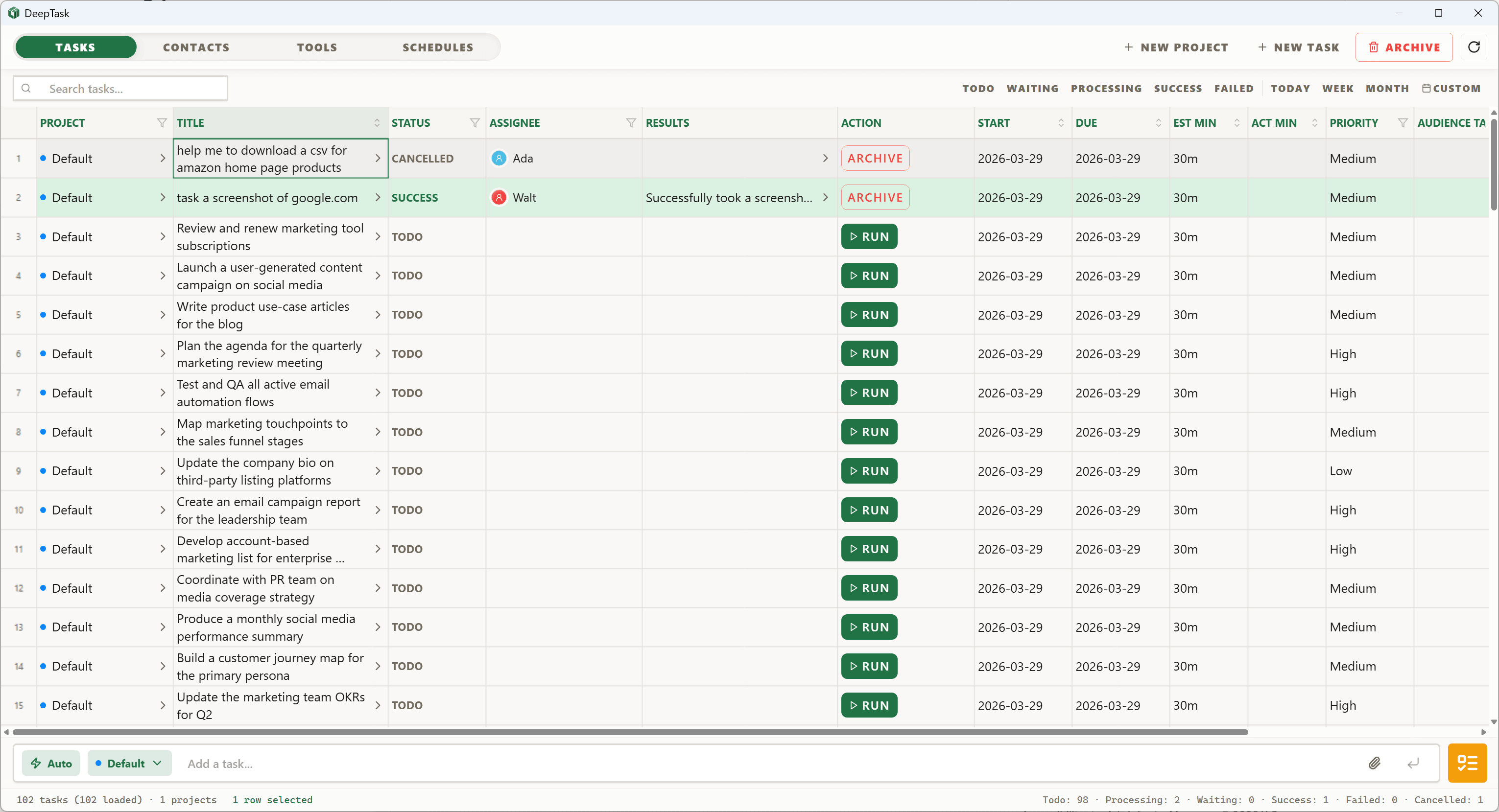 DeepTask workspace showing the Tasks view